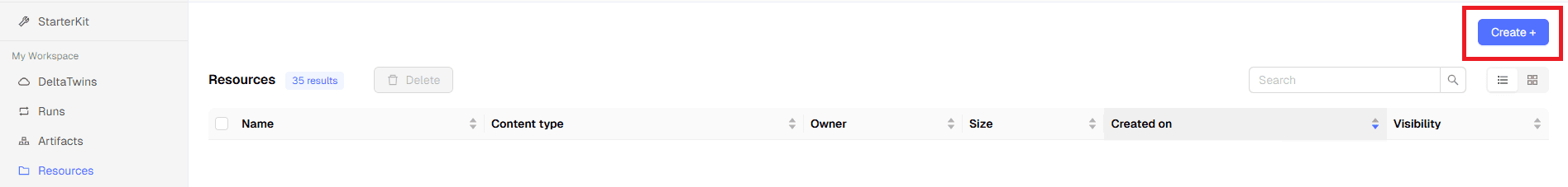 Create resource button