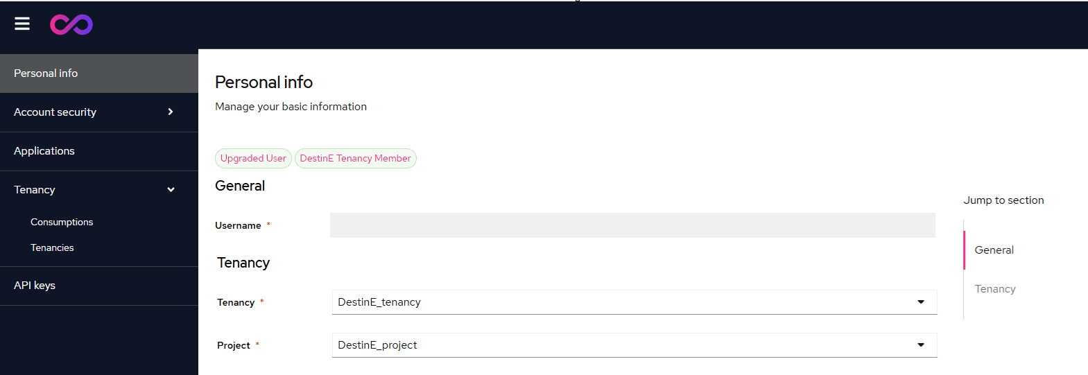 DestinE account page – Tenancy and Project selector